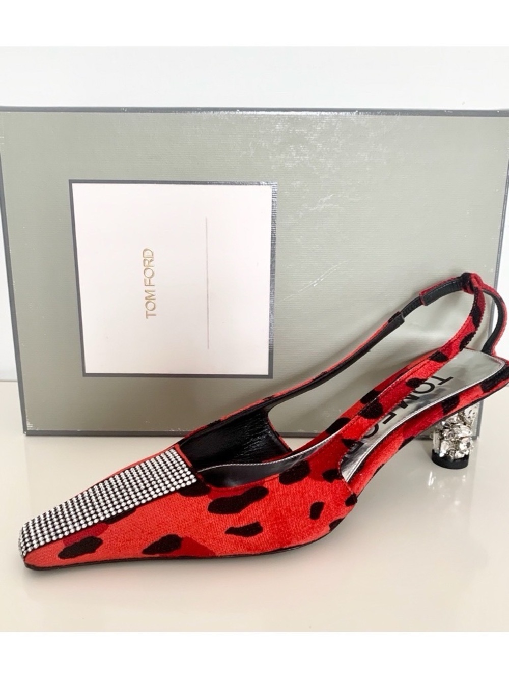 Auth TOM FORD Red Velvet Animalier Crystal Slingback Sandals Sz 39 Jeweled Heel